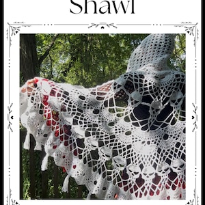 May include: A white crocheted hooded shawl featuring a repeating skull pattern throughout the lace design, with a scalloped edge and small tassels. The text "Skulltimate Shawl" and "By Chiaroscurostiy" is printed on the white border surrounding the image.