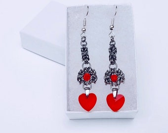 Gothic Chainmail Valentines Earrings—Stainless Steal Heart Earrings—Silver Valentines Jewelry—Heart Charm Earrings—Chainmail Earrings