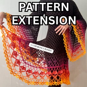 May include: A long-sleeved crochet garment featuring a black bodice that transitions into a vibrant gradient of magenta and orange at the flared sleeves and hem. The hem displays a repeating skull motif. Text reads PATTERN EXTENSION and CHIAROSCUROSITY.