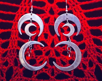 Gothic, Witchy Blood Moon Earrings with Stainless Steel Crescent Moons and Glass Beads (Handmade Statement Earrings)