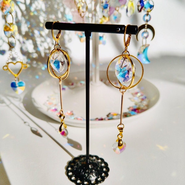 Valentine Heart Suncatcher Earrings, Magic Wand Crystal Earrings, Boho Gold Hoop Earrings, Rainbow Maker, Gift For Her, Sailormoon Accessory