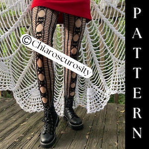 May include: Black fishnet tights with a large open-weave pattern. The tights are worn with black lace-up boots. The image is captioned with the text "©Chiaroscuriosity"