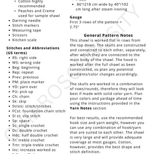 May include: A crochet pattern document titled 2025 chiaroscurosity, page 2. It lists materials including a 5 mm/H hook and 1,155 yards of worsted yarn, intermediate skill level, and finished dimensions of 86 inches wide by 40 inches long.
