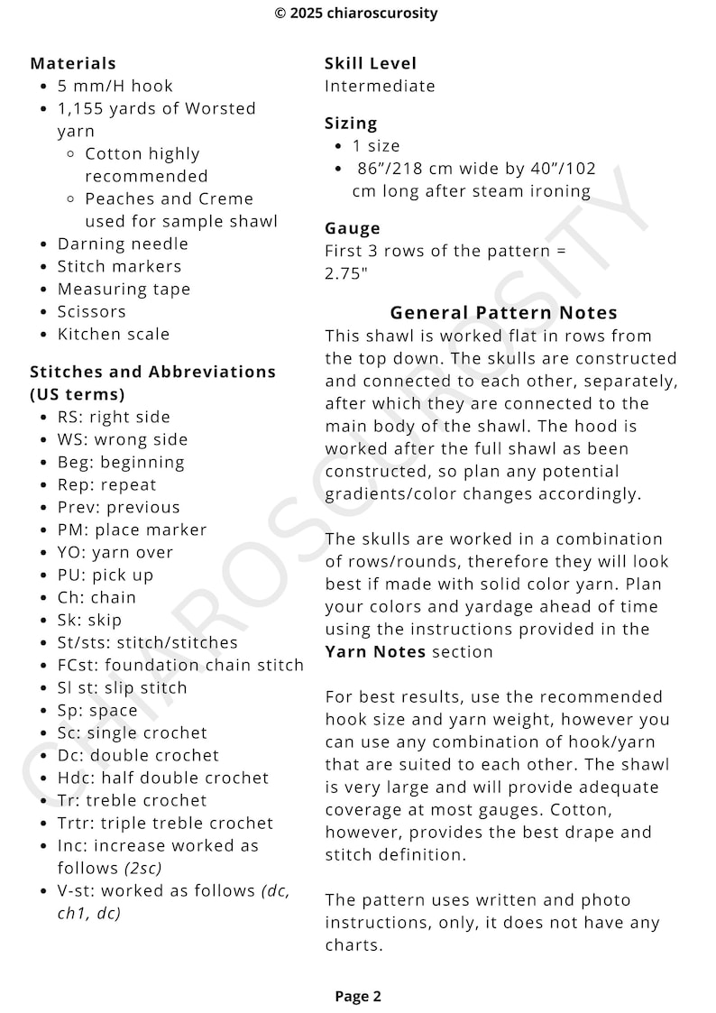 May include: A crochet pattern document titled 2025 chiaroscurosity, page 2. It lists materials including a 5 mm/H hook and 1,155 yards of worsted yarn, intermediate skill level, and finished dimensions of 86 inches wide by 40 inches long.