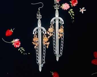 Sword Earring with Roses and Chains