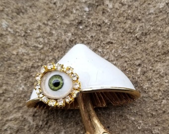 White Inocebe Mushroom Wink - Lovely vintage brooch. Striking mixed media art pin. Goldtone statement piece. Unique gift.