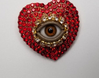 Red Lonely Hearts Wink - Sweet mixed media art pin. Goldtone statement piece. Unique gift.