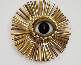 Mid Century Wink - Gold toned vintage brooch + glass doll eye. OOAK mixed media jewelry. Celestial symbol.