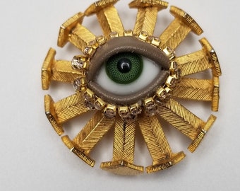 Brutalist Sun  Wink - Vintage brooch. Striking mixed media art pin. Goldtone statement piece. Unique gift.