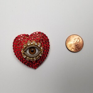 Red Lonely Hearts Wink Sweet mixed media art pin. Goldtone statement piece. Unique gift. image 2