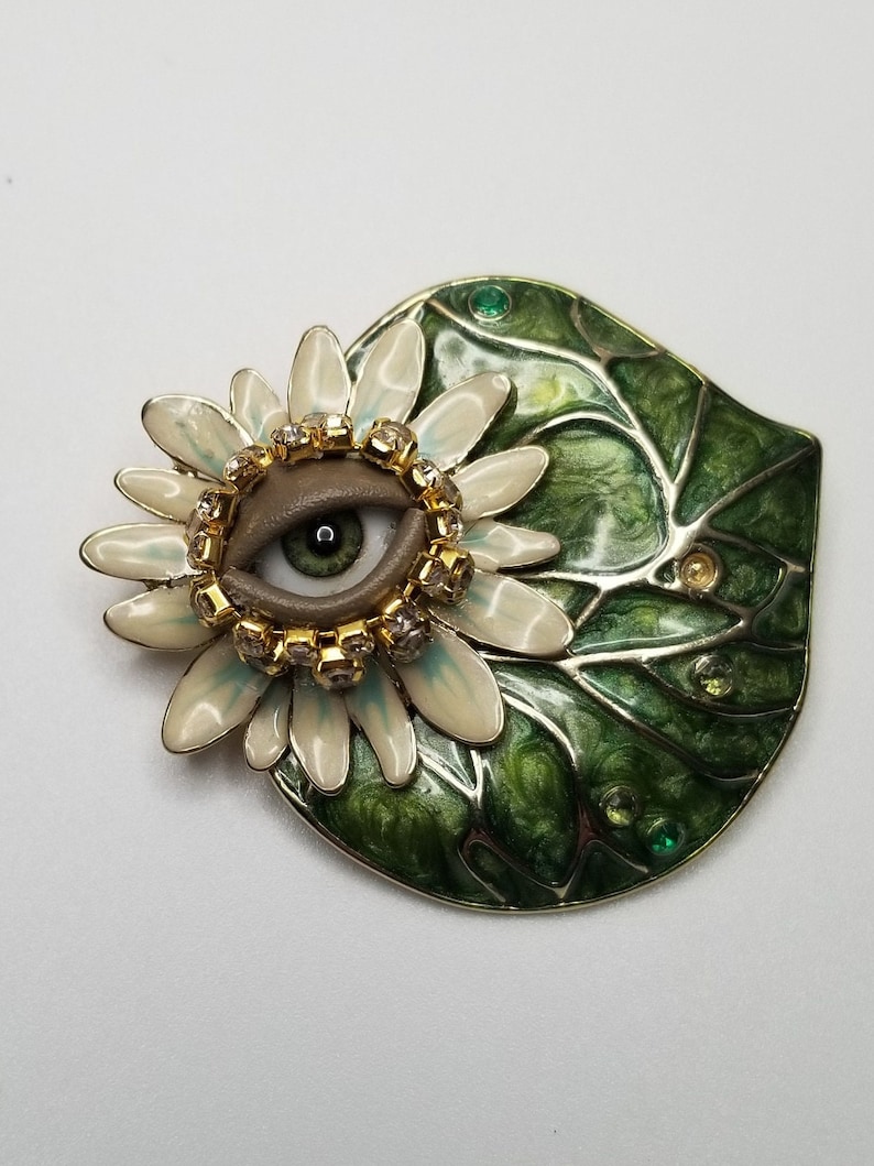 Lily Pad Wink Lovely vintage brooch. Mixed media art pin. Goldtone statement piece. Unique gift. image 1