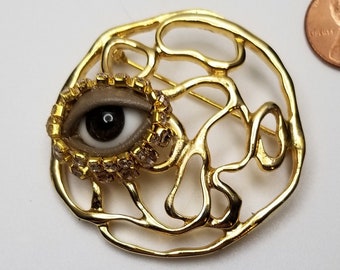 Wandering Eye Wink - Sweet vintage brooch. Striking mixed media art pin. Goldtone statement piece. Unique gift.