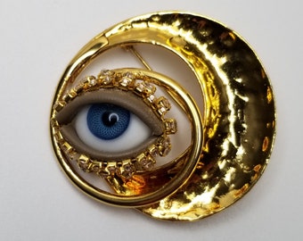 Blue Moon Wink - Gold toned vintage brooch + glass doll eyes. OOAK mixed media jewelry.