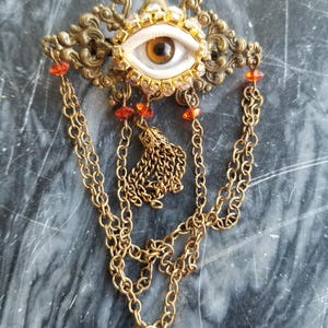 The Bohemian Wink - Lovely little vintage brooch with dangles. Mixed media art pin. Goldtone statement piece. Unique gift.