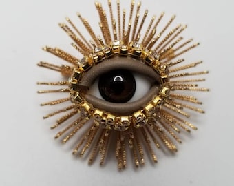 Sea Urchin Wink - Gold tone eyeball brooch pin with hand placed rhinestones available with victorian style specimen box