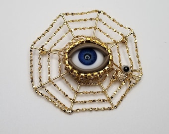 Spider Web Wink - Large vintage brooch. Striking mixed media art pin. Goldtone statement piece. Unique gift.