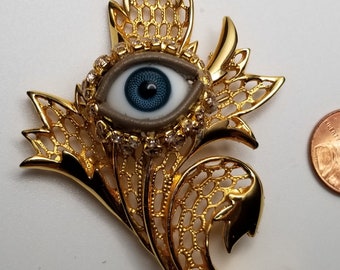 Clin d'oeil des feuilles de mer - Broche vintage. Épinglette artistique technique mixte saisissante. Pièce tendance dorée. Cadeau unique.