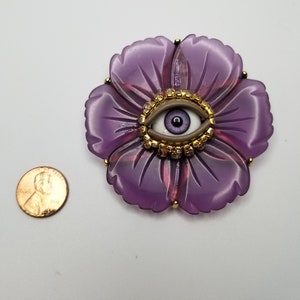 Violet Wink Giant vintage brooch. Striking mixed media art pin. Goldtone statement piece. Unique gift. image 2