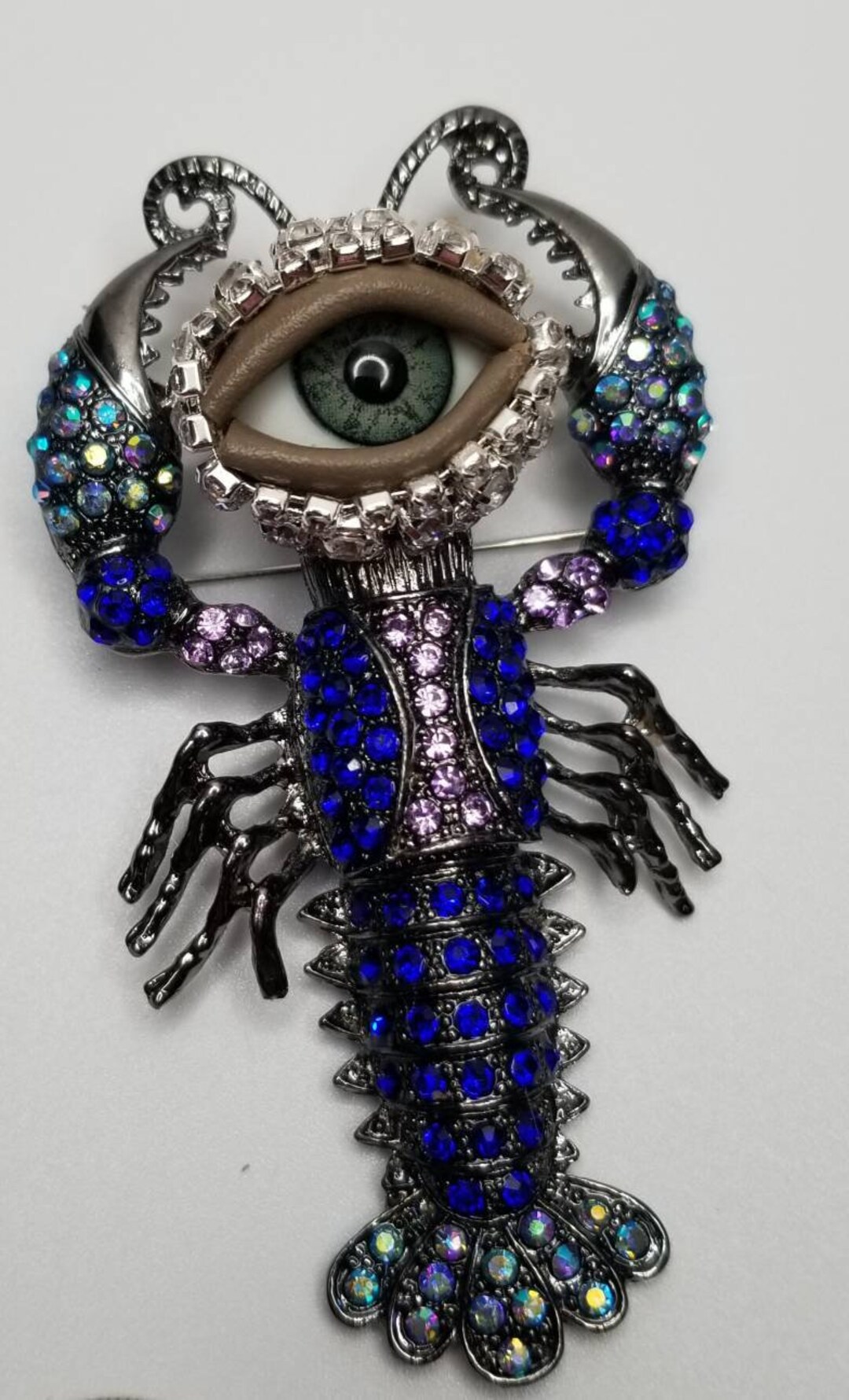 Lobster Wink Large Eyeball Brooch With Hand Placed Rhinestones