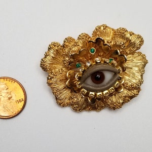 Pansy Wink Vintage brooch. Lovely mixed media art pin. Goldtone statement piece. Unique gift. image 2