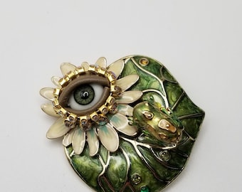 RESERVED FOR PMA Lily Pad Wink with Tiny Frog - Lovely vintage brooch with &quot;Trembler&quot; Mixed media art pin. Goldtone statement piece.