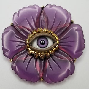 Violet Wink Giant vintage brooch. Striking mixed media art pin. Goldtone statement piece. Unique gift. image 1