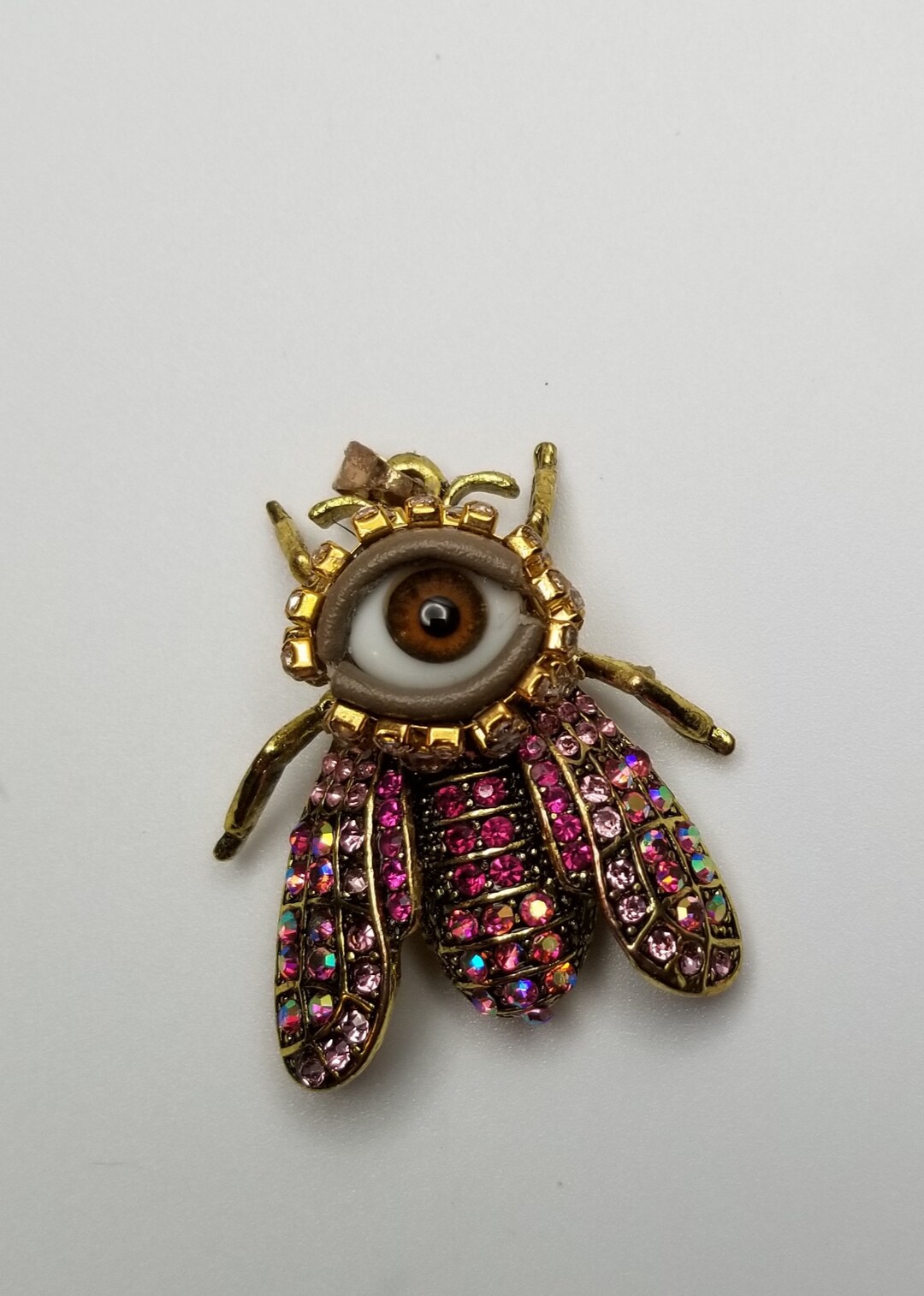 Big Pink Fly Wink Gold Tone Eyeball Insect Pendant W/ Opalescent ...