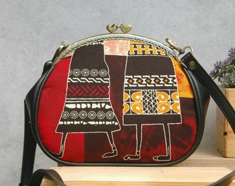 Ethnic Kisslock Crossbody Bag, Leather Clasp Purse, Retro Style Clutch Bag, Gift for her