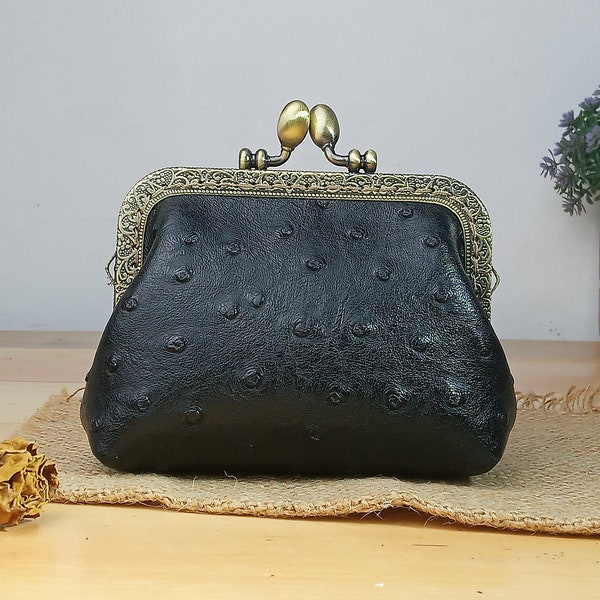 Womens Wallet, Leather Kiss Lock Coin Purse, Retro Clasp purse, Gift for her