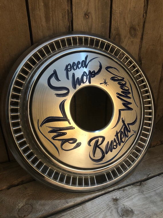 Hand Painted Hub Cap Art the Busted Wheel Speed Shop One Etsy