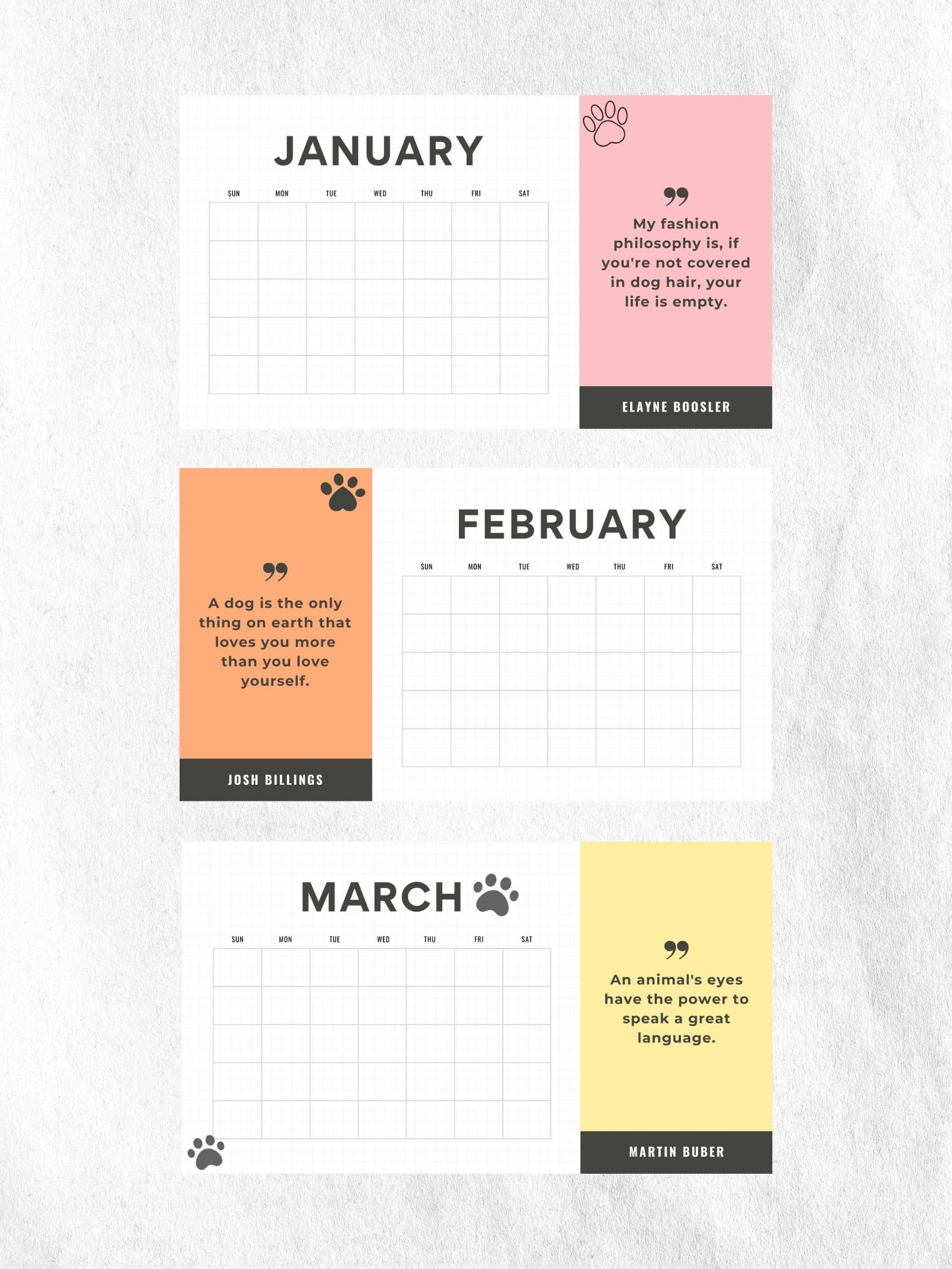 Dog Calendar Digital Download Reusable Printable Calendar | Etsy