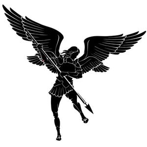 May include: A black and white illustration of an angel with large wings, holding a spear. The angel is depicted in a dynamic pose, with detailed wings and armor. The artwork is a silhouette style.