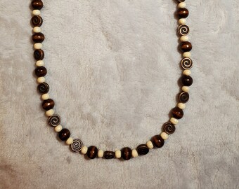 Wood and Bronze Beaded necklace