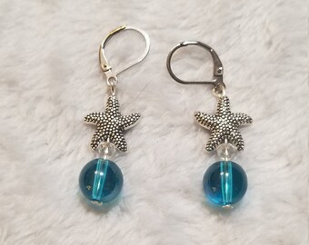 Silver plated starfish and sea inspired glass earrings