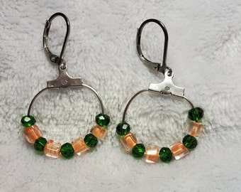 Orange and green glass drop hoop earrings