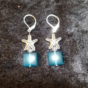 Silver plated starfish and sea-inspired blue glass earrings