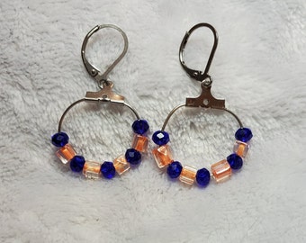 Orange and blue glass drop hoop earrings