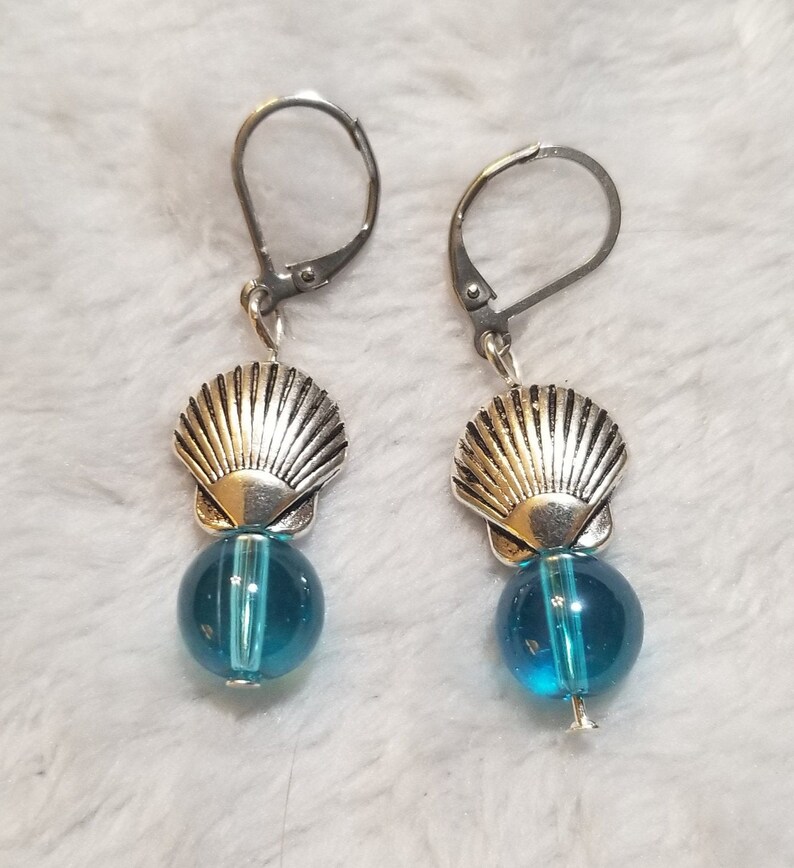 Silver plated scallop shell and sea inspired glass earrings