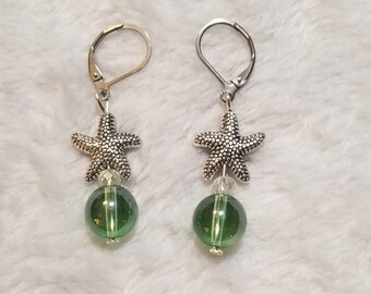 Silver plated starfish and sea inspired glass earrings