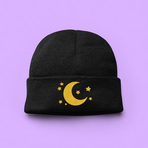 Crescent Moon & Stars Beanie - Kawaii Beanie Hat, Celestial Space Gift, Tumblr Hat, Soft Custom Embroidered Chino Twill Cotton
