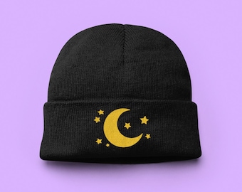 Gorro Crescent Moon &Stars - Gorro Kawaii, Regalo espacial celestial, Sombrero Tumblr, Algodón de sarga chino bordado personalizado suave