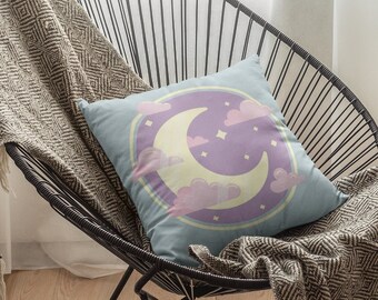 Crescent Moon Dekokissen - Süße Dekoration, Kawaii, Pastell Goth, Boho Geschenk für Sie, Dekorative Kissen, Rosa, Hellblau, Lila