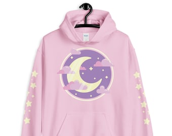 Crescent Moon Hoodie, Star Sleeves, Yume Kawaii Pastel Goth