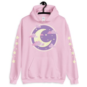 Crescent Moon Hooded Sweater, Yume Kawaii Hoodie, Pastel Goth, Harajuku Clothing, Christmas Gift, Fairy Kei, Plus Sizes, With Star Sleeves