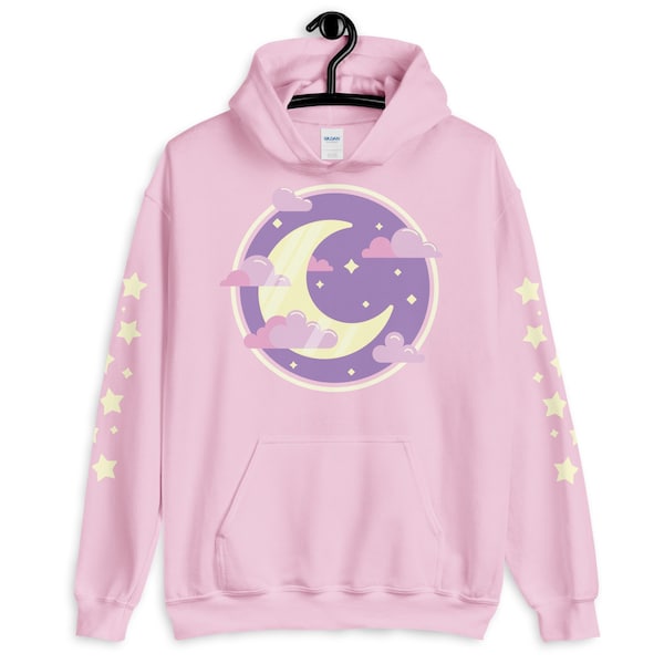 Crescent Moon Hooded Sweater, Yume Kawaii Hoodie, Pastel Goth, Harajuku Clothing, Christmas Gift, Fairy Kei, Plus Sizes, With Star Sleeves