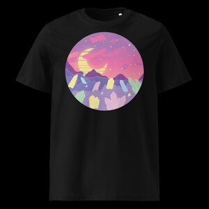 May include: Black t-shirt featuring a circular graphic of a purple and pink sunset with a crescent moon and stars over a landscape of colourful crystals.