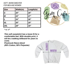 May include: A white sweatshirt with the text "Gem Caffe" in purple and pink. The sweatshirt has a loose fit and is made of a preshrunk fleece blend of 50% cotton and 50% polyester. A size chart is included with measurements in inches.