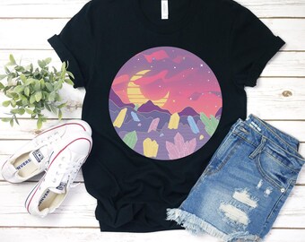 Crystal Shirt - Harajuku Fashion, harajuku shirt, pastel goth clothing, yami kawaii, gemstone shirt, crescent moon, witchcraft crystals