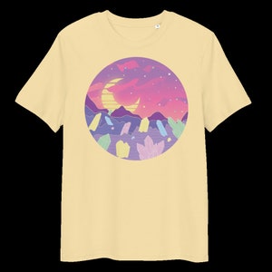 May include: A yellow t-shirt featuring a graphic of a crescent moon, a sunset, and crystals in a circle.
