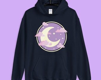 Crescent Moon Hooded Sweater, Yume Kawaii Sweatshirt, Pastel Goth, Harajuku Clothing, Fairy Kei, Cute, Unisex Gift, Plus Size Available